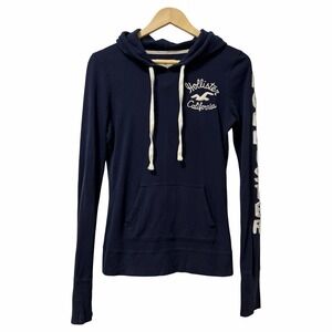 Hollister Womens Preppy Y2K Hoodie Size M Navy Embroidered Logo Spellout